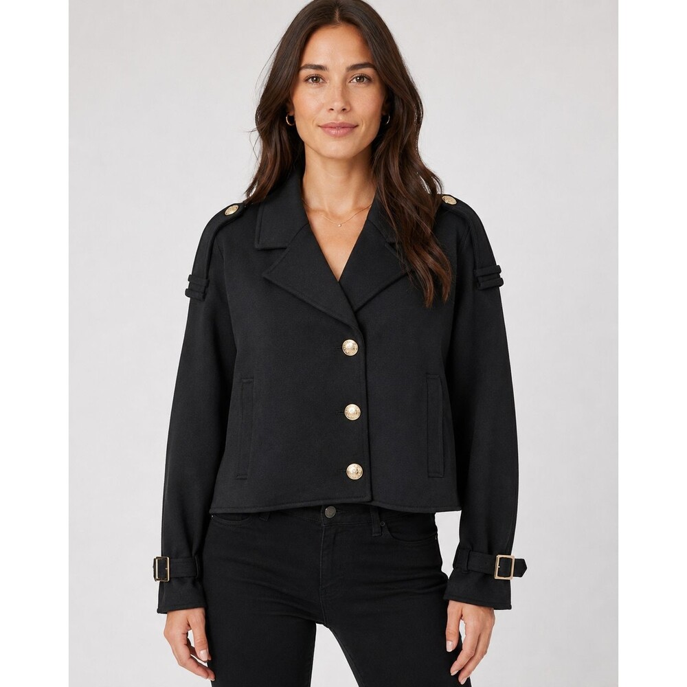 White House Black Market Knit Trench Jacket Black Gold Buttons Size L NWT